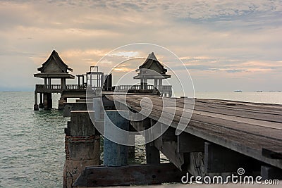 Twilight wood bridge at Djittabhawan Temple Stock Photo