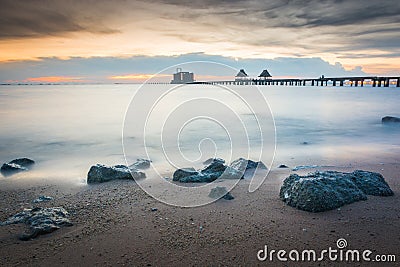 Twilight wood bridge tourist attraction Stock Photo