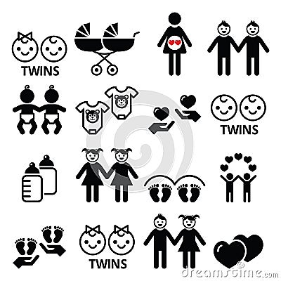 Twin babies icons set - double pram, twin boy and girl designs Vector Illustration