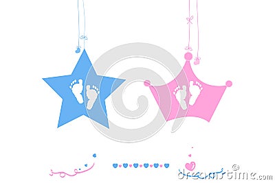 Twin baby boy and girl star with crown baby foot print vector Vector Illustration