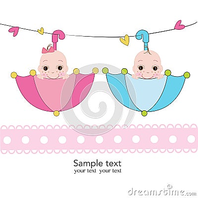Twin baby boy and girl with umbrella greeting card Vector Illustration