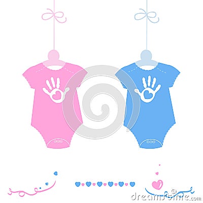 Twin baby girl and boy, baby body with hand prints arrival greeting card vector Vector Illustration