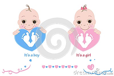 Twin baby girl and boy. Baby feet and hand print. Baby arrival card pink, blue colored hearts Vector Illustration