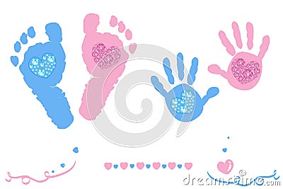 Twin baby girl and boy feet and hand print arrival card pink, blue colored with shining diamonds hearts Stock Photo
