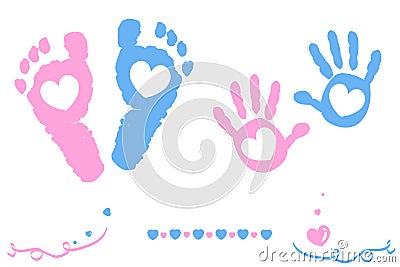 Twin baby girl and boy feet and hand print arrival card Vector Illustration