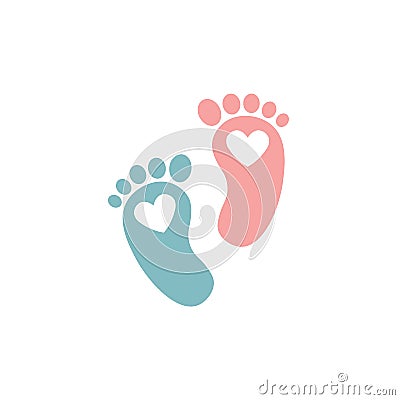 Twin baby girl and boy feet prints arrival greeting card with hearts. Vector illustration on white background. Feet silhouette for Vector Illustration