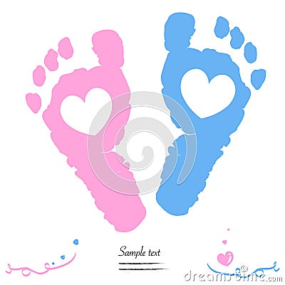 Twin baby girl and boy feet prints arrival greeting card Vector Illustration