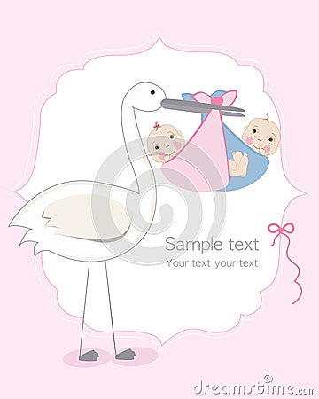 Twin baby girl and boy with stork baby arrival greeting card Stock Photo