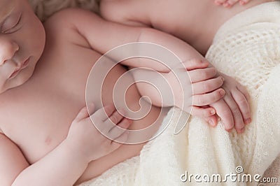 Twin Baby Girls Holding Hands Stock Photo