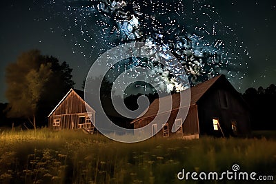 Twin barns under summer night sky. Generative AI Stock Photo