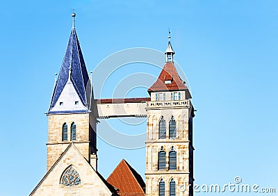 Twin bell tower of St. Dionysius church, Esslingen Stock Photo