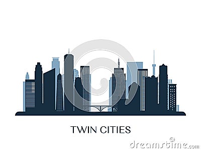 Twin Cities skyline, monochrome silhouette. Vector Illustration