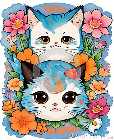 Twin cute kitten head, fantasy flowers splash Stock Photo