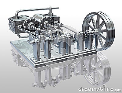 Twin cylinder steam engine Cartoon Illustration