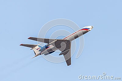 Twin-engined narrow-body jet airliner in air Stock Photo