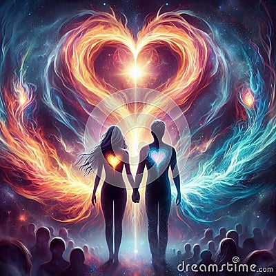 Twin flame couple. Soulmates. The concept of magical, esoteric, tantric, spiritual love. Connection between souls Stock Photo