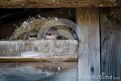 Twin Fledgling Birds Nestled in Cozy Nest, Hidden Retreat Stock Photo