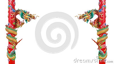 Twin golden Chinese dragons on the red poles Stock Photo