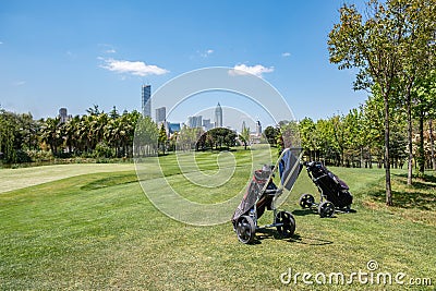 Twin Golf Bags on a Vibrant Green Fairway with Urban Skyline Stock Photo