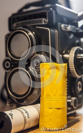 Twin-Lens Reflex camera with black and white film roll Stock Photo