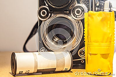 Twin-Lens Reflex camera with black and white film roll Stock Photo