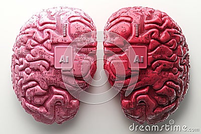 Twin pink brains embedded AI chips symbolizing artificial intelligence cognitive computing neuroscience breakthroughs Cartoon Illustration