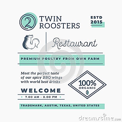 Twin Roosters Barbecue Restaurant Abstract Vector Branding Elements. Decorative Logos, Symbols and Retro Typography Vector Illustration