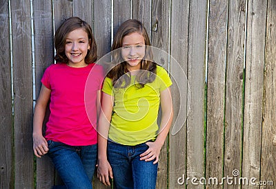 Twin sisters with different hairstyle posing on wood fence Stock Photo