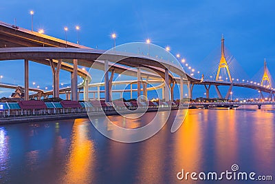 Twin Suspension bridge over Bangkok city rive Stock Photo