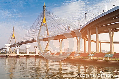 Twin suspension bridge over Bangkok river Stock Photo