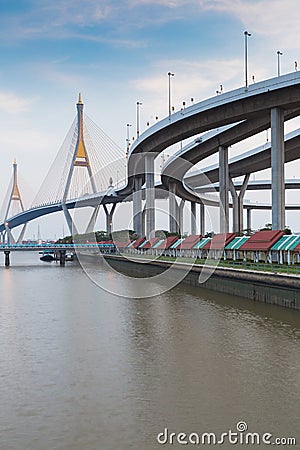 Twin suspension bridge river side connect Stock Photo