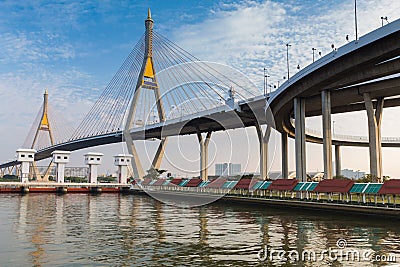 Twin suspension bridged over watergate in Bangkok Thailand Stock Photo