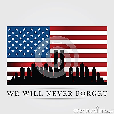 Twin Towers in New York City Skyline. September 11, 2001 vector poster. Patriot Day, September 11, We will never forget Vector Illustration