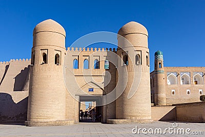 Twin-turreted West Gate - Khiva, Uzbekistan Editorial Stock Photo