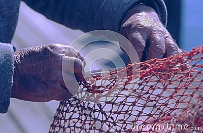 Twine Man's Hands & Fishing Net Stock Photo