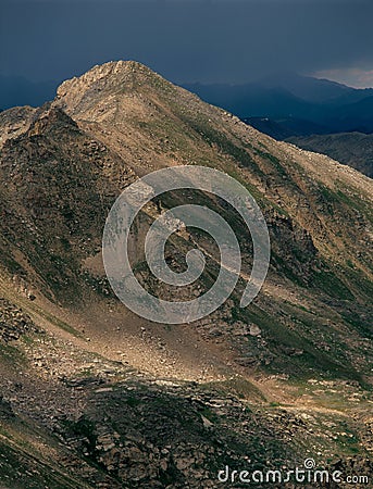 Twining Peak and strong thunderstorm from the summit of Peak 13500, Mount Massive Wilderness, Colorado Stock Photo