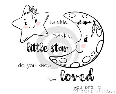 Twinkle little star. Moon and stars boho children's print for t-shirt or baby bodysuit Vector Illustration