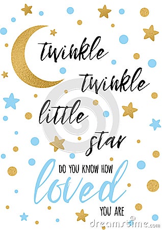 Twinkle twinkle little star text with golden oranment and blue star for boy baby shower banner template Vector Illustration