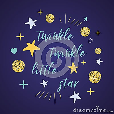Twinkle twinkle little star text with gold polka dot yellow stars for girl baby shower card template vector Vector Illustration