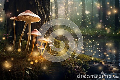 Twinkling fireflies light the path through a whimsical forest of towering mushrooms and sparkling streams. Generative AI Stock Photo