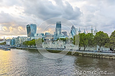 Twinlight cityscape of City of London and Thames River, England Editorial Stock Photo