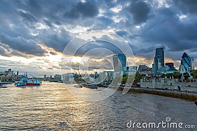 Twinlight cityscape of City of London and Thames River, England Stock Photo