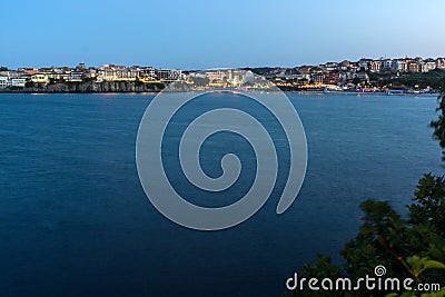 Twinlight view of beach and new part of Sozopol, Bulgaria Stock Photo