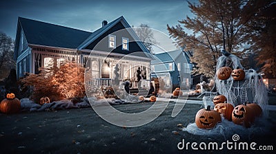 Twinlight view of a glowing house in autumn with halloween pumpkins on lawn Stock Photo