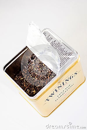 Twinnings Vintage Darjeeling opened tea box Editorial Stock Photo
