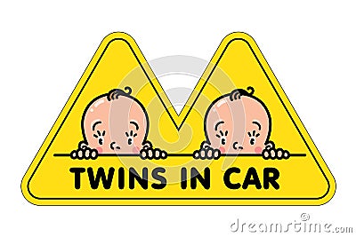 Twins in car sticker. Fases of baby boys and logo Vector Illustration