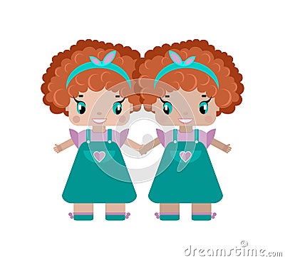 twins of a girl hold hands, two sisters are little cute girls Vector Illustration