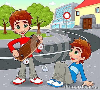 Twins with an homemade skateboard. Vector Illustration