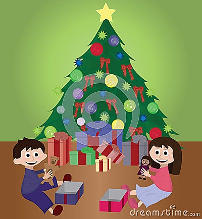 Twins opening Christmas gifts Vector Illustration