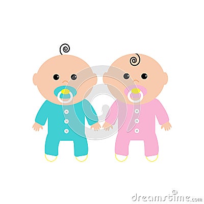 Twins Two cute twin babies on white background. Baby girl and a baby boy. Funny character set. Isolated. Flat design Vector Illustration